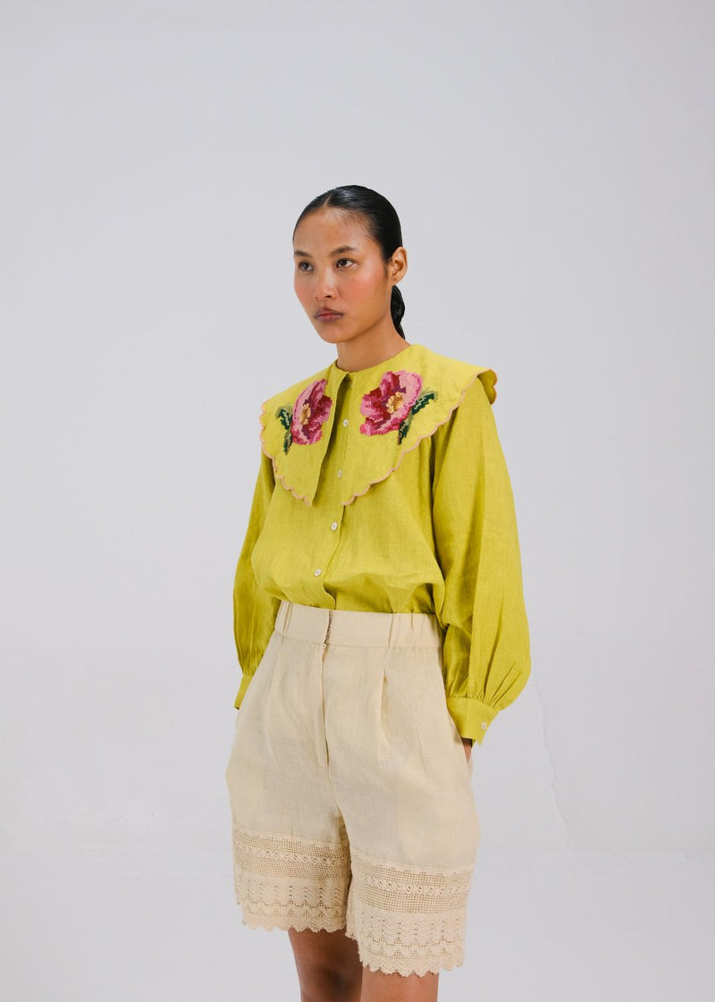 JULIA TOP - LIME ROSE EMB all linen by CORD for women in Singapore
