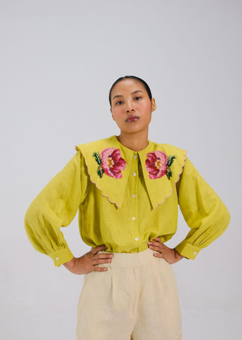 JULIA TOP - LIME ROSE EMB all linen by CORD for women in Singapore