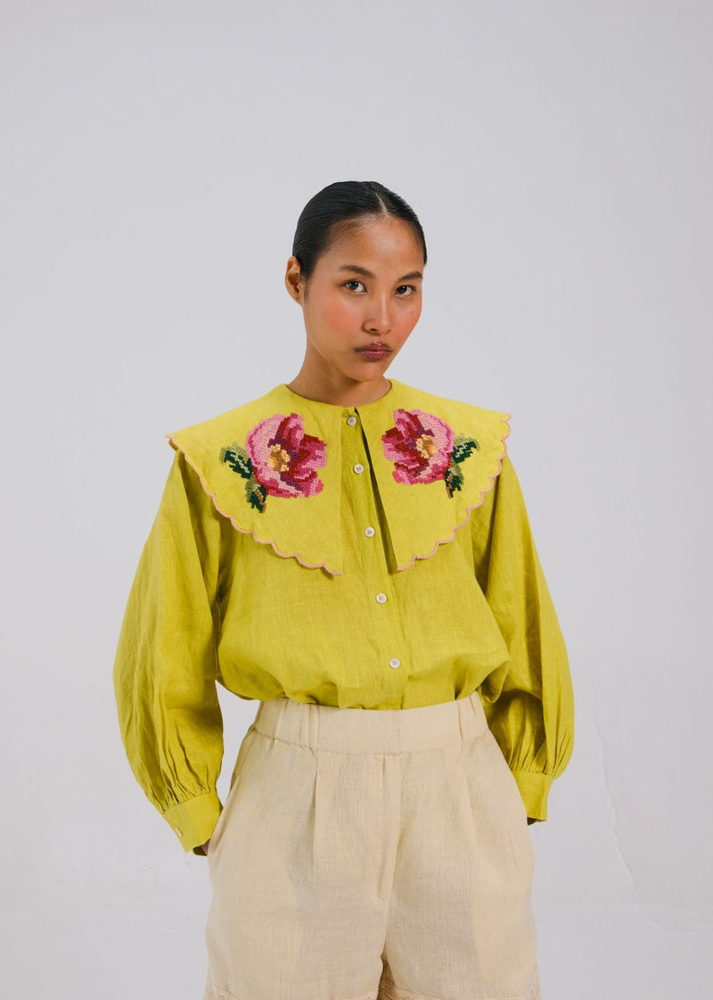 JULIA TOP - LIME ROSE EMB all linen by CORD for women in Singapore