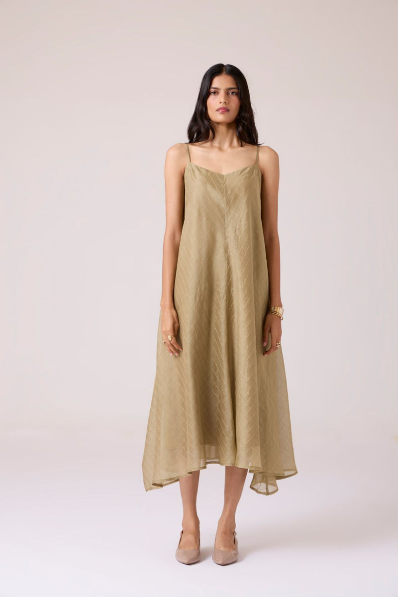 Jane Olive Handwoven Dress chanderi by The Summer House in olive color for women in Singapore