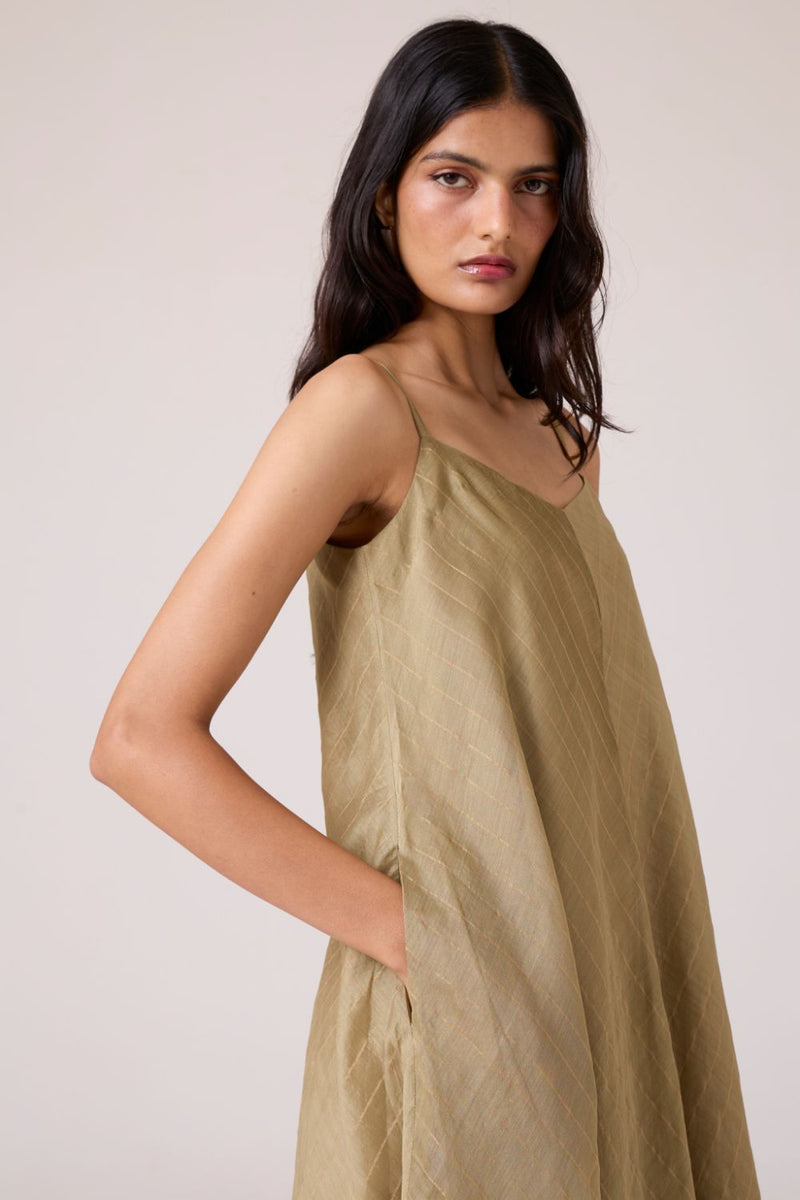 Jane Olive Handwoven Dress chanderi by The Summer House in olive color for women in Singapore