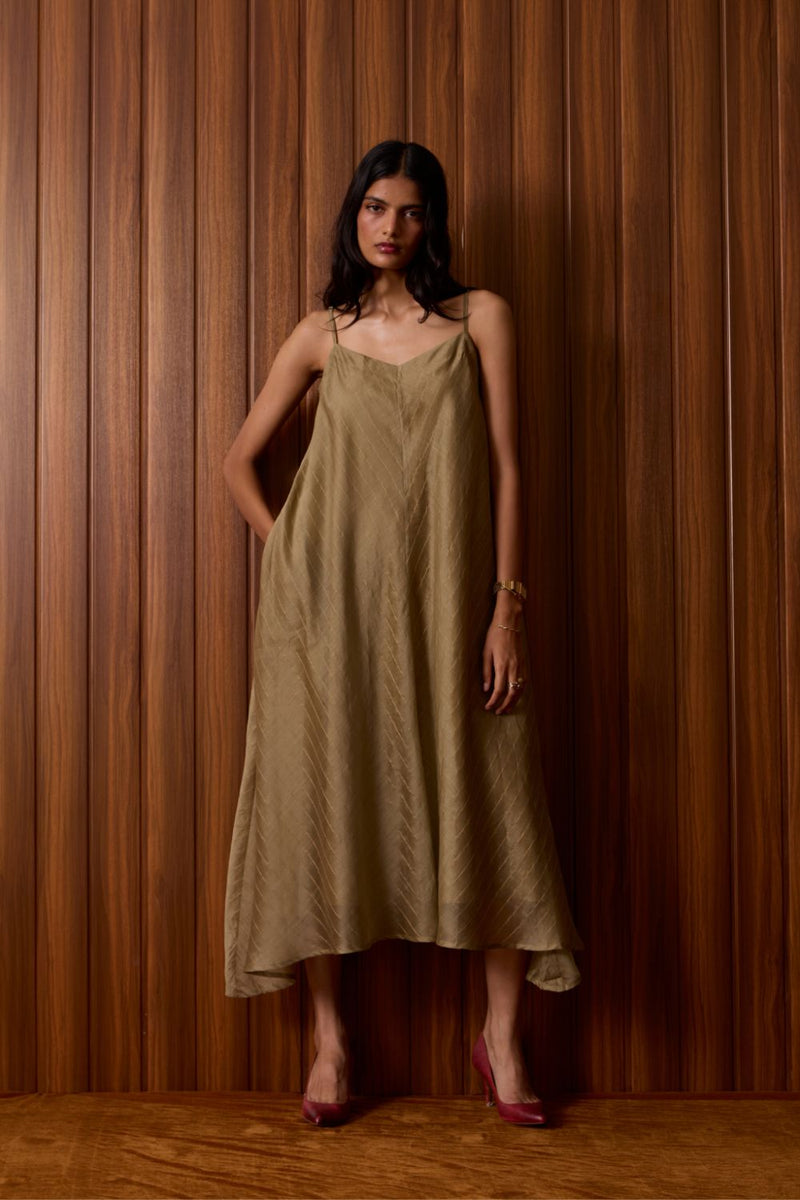 Jane Olive Handwoven Dress chanderi by The Summer House in olive color for women in Singapore