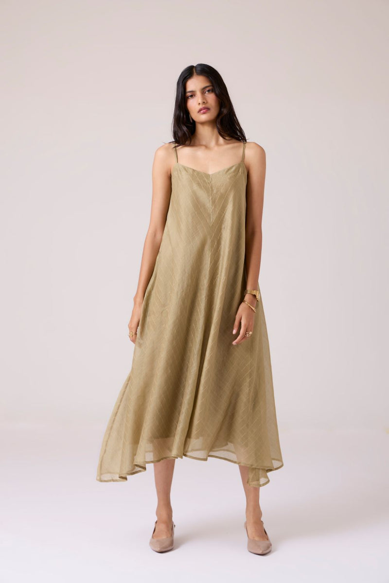 Jane Olive Handwoven Dress chanderi by The Summer House in olive color for women in Singapore