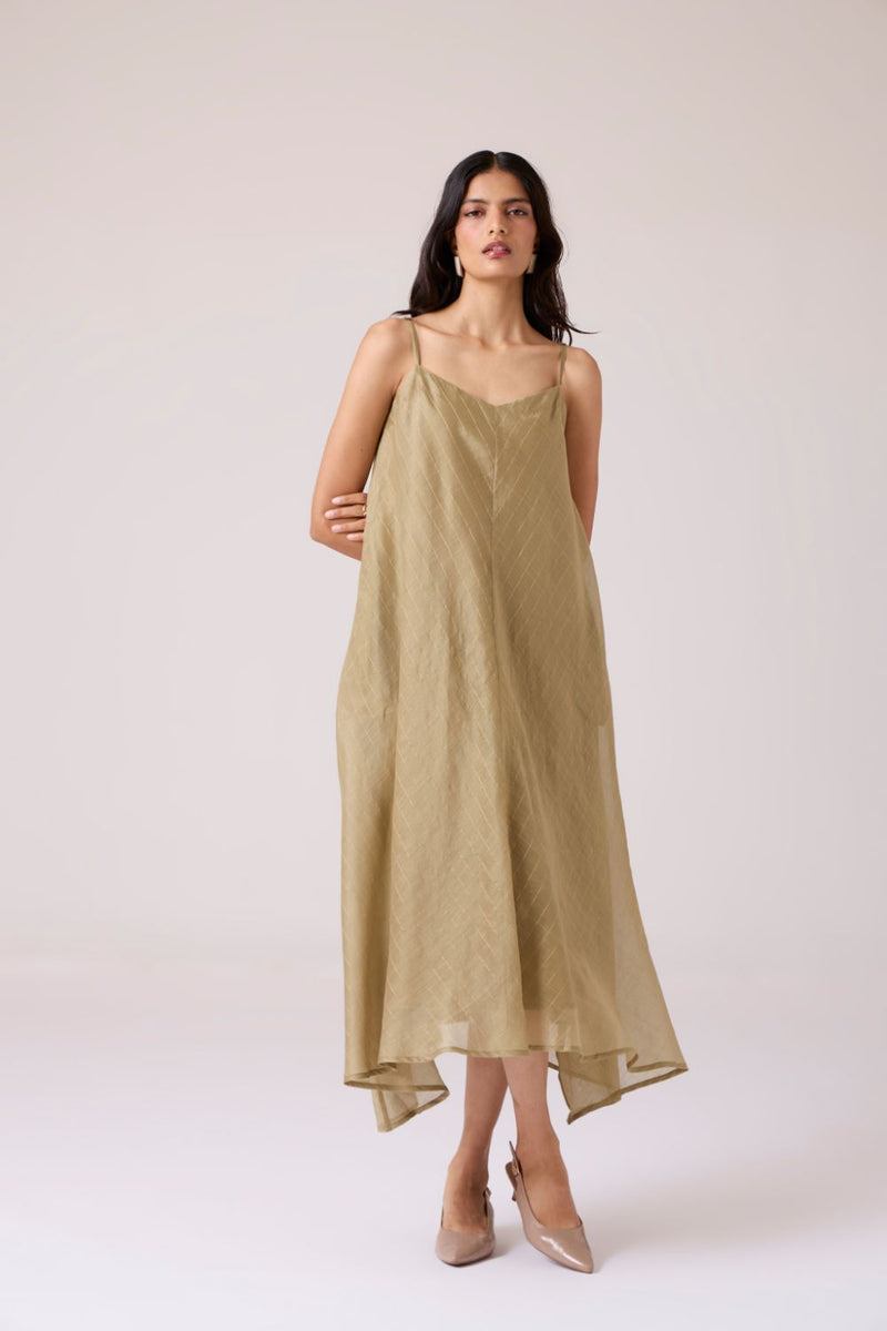 Jane Olive Handwoven Dress chanderi by The Summer House in olive color for women in Singapore