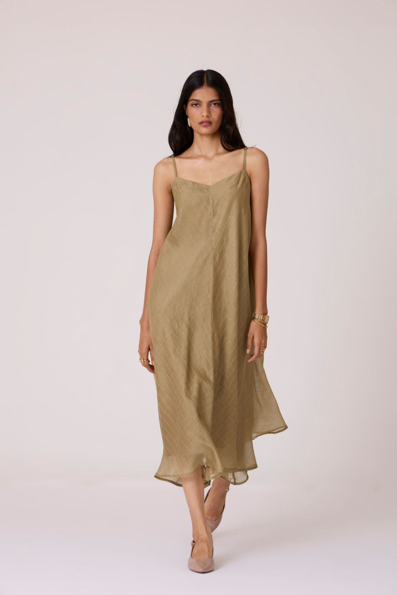 Jane Olive Handwoven Dress chanderi by The Summer House in olive color for women in Singapore