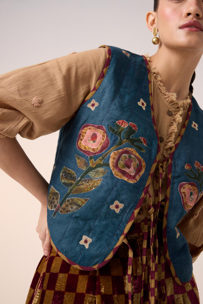 JANET GILLET -DARK BLUE FLOWER APPLIQUE linen by CORD for women in Singapore