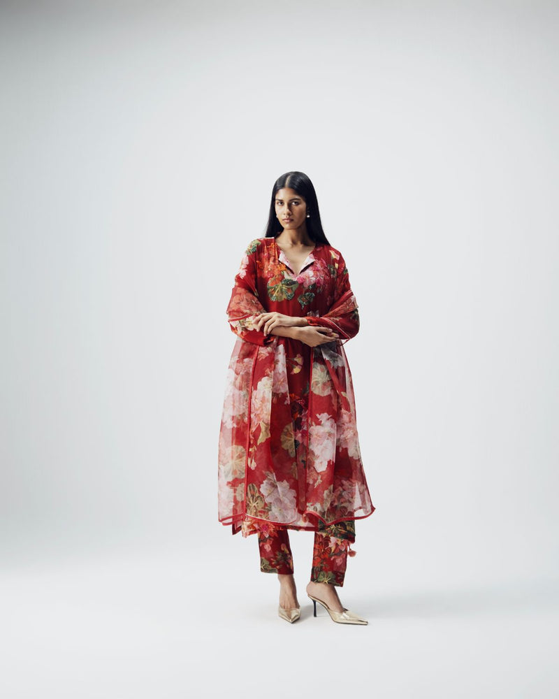 Jingle Embroidered Kurta Set by YAM in red color for women in Singapore