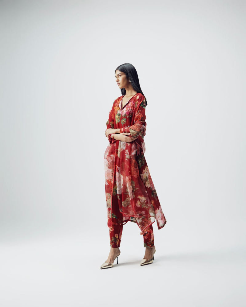 Jingle Embroidered Kurta Set by YAM in red color for women in Singapore