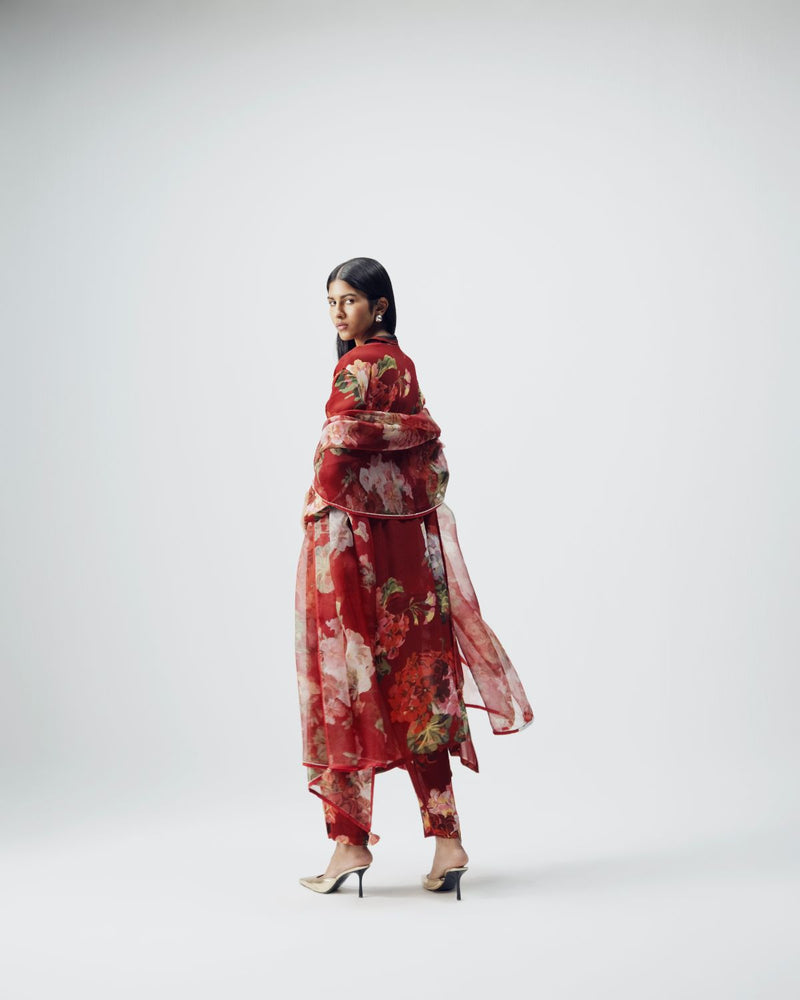 Jingle Embroidered Kurta Set by YAM in red color for women in Singapore