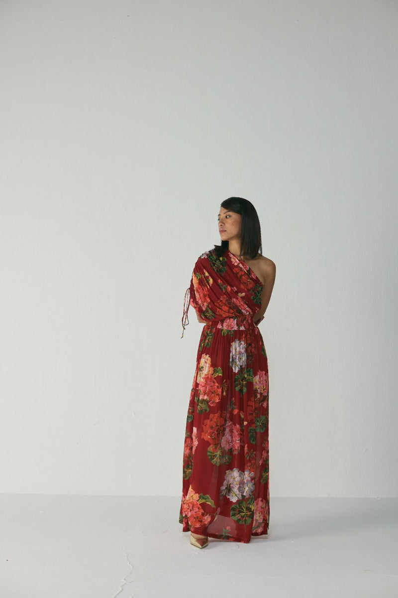 Jingle One Shoulder Dress by YAM in red color for women in Singapore