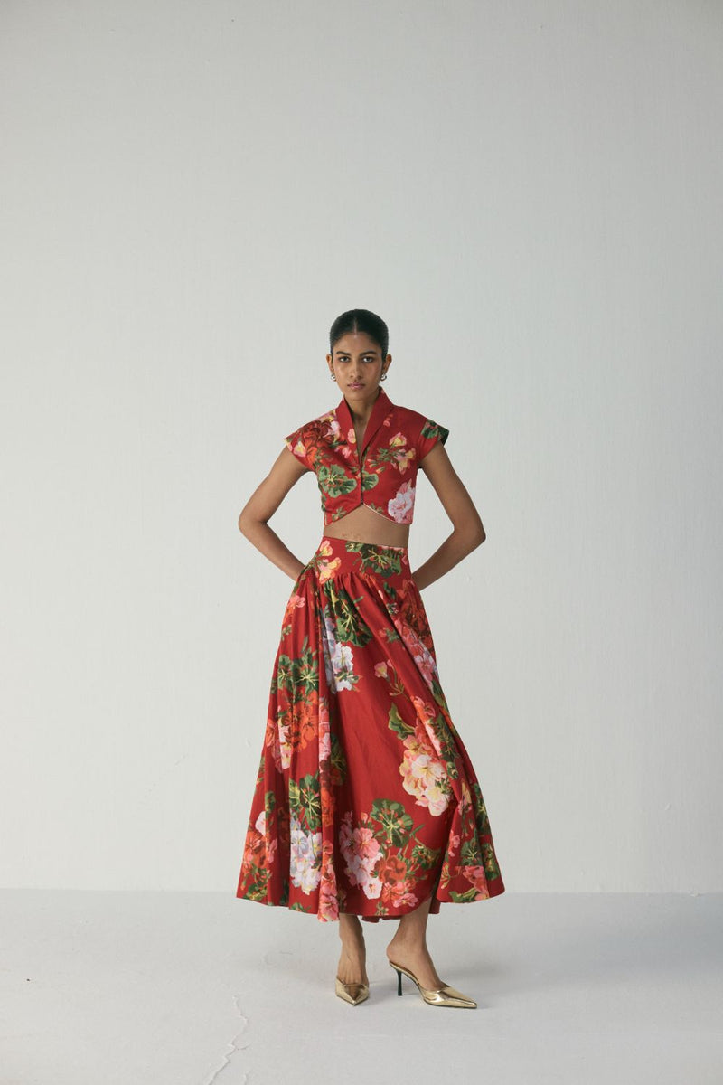 Jingle Audrey Skirt Set satin by YAM in red color for women in Singapore