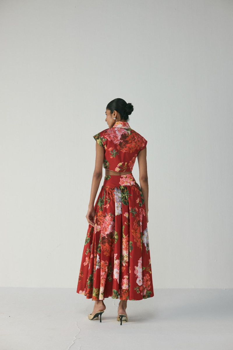 Jingle Audrey Skirt Set satin by YAM in red color for women in Singapore