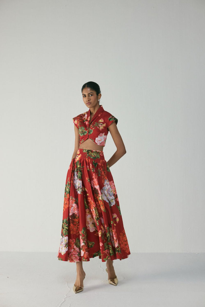 Jingle Audrey Skirt Set satin by YAM in red color for women in Singapore