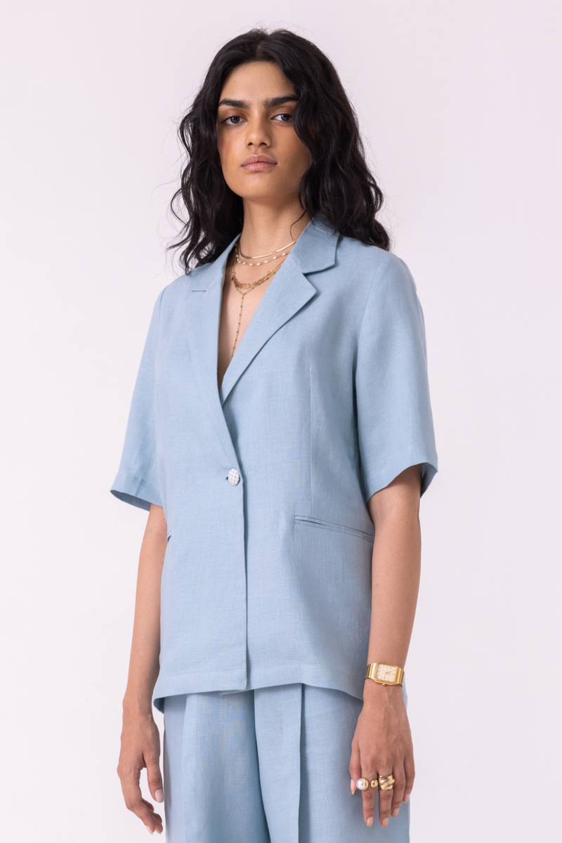 Jo Blue Linen Jacket all linen by The Summer House for women in Singapore