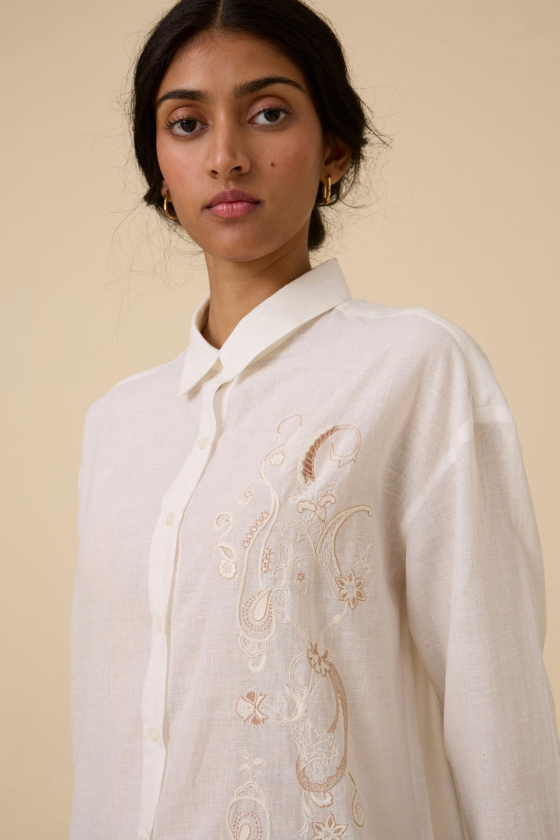 Joyce Embroidered handwoven shirt cotton by The Summer House in white color for women in Singapore