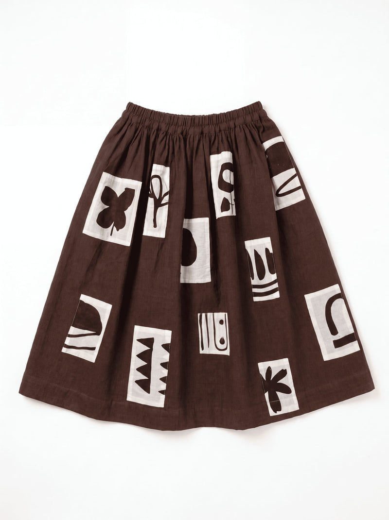 Joy Skirt-Monochrome Patches hand-woven organic cotton skirt by World of Crow in brown for women in Singapore
