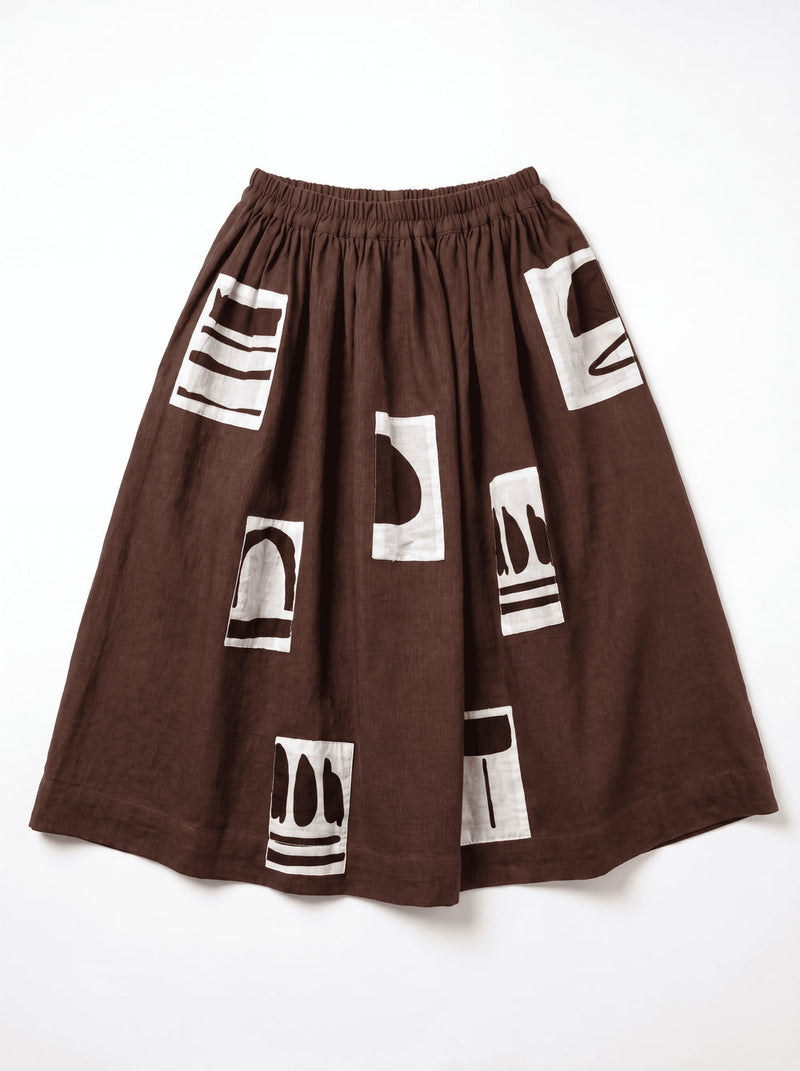 Joy Skirt-Monochrome Patches hand-woven organic cotton skirt by World of Crow in brown for women in Singapore