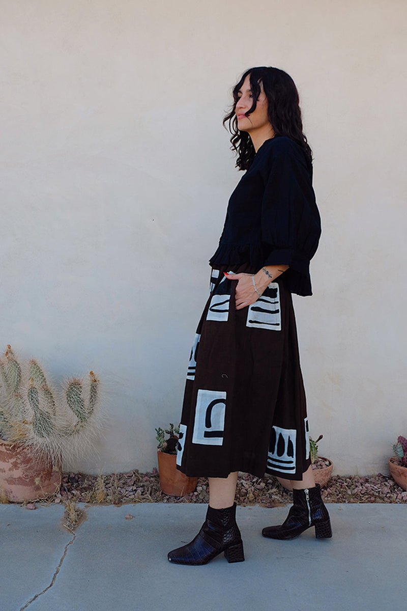 Joy Skirt-Monochrome Patches hand-woven organic cotton skirt by World of Crow in brown for women in Singapore
