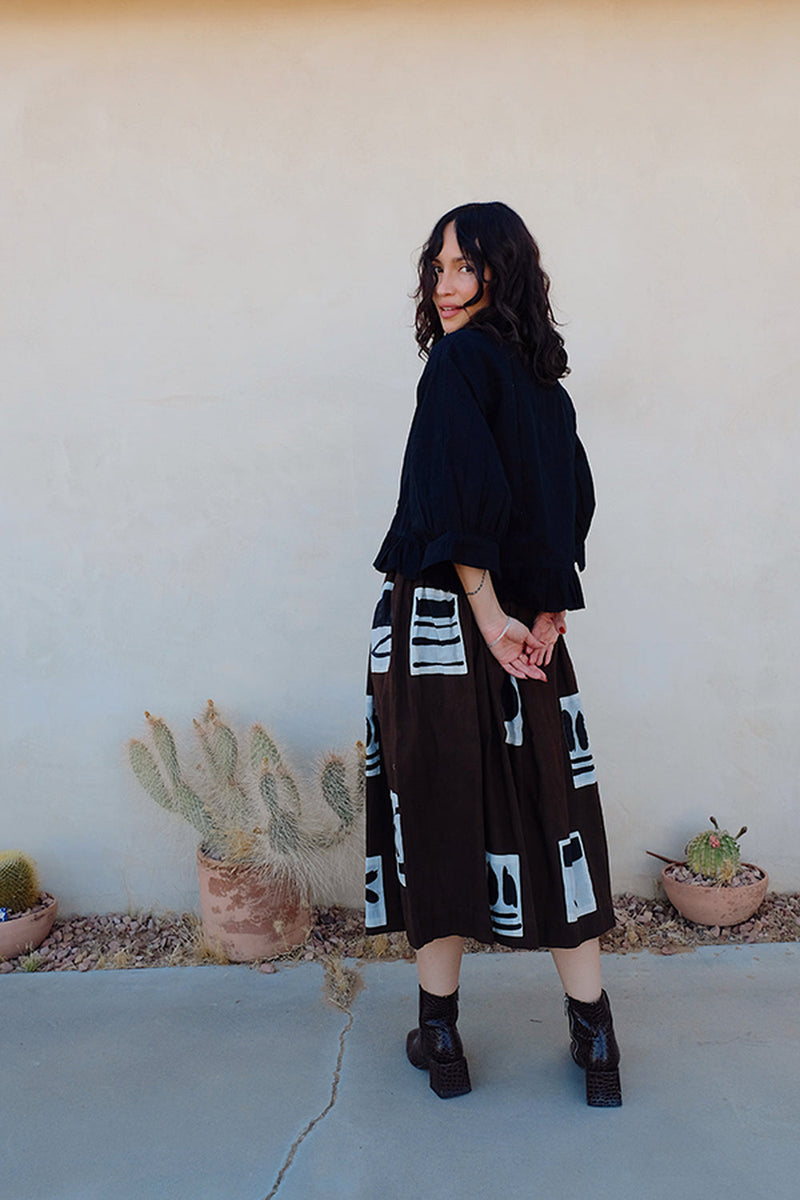 Joy Skirt-Monochrome Patches hand-woven organic cotton skirt by World of Crow in brown for women in Singapore