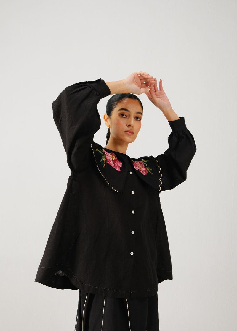 Julia top-Black rose emb. linen by CORD for women in Singapore
