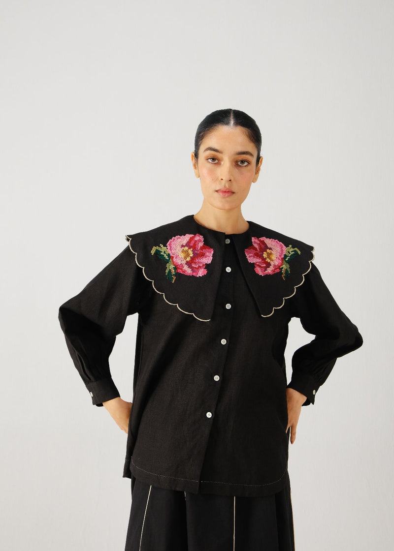 Julia top-Black rose emb. linen by CORD for women in Singapore