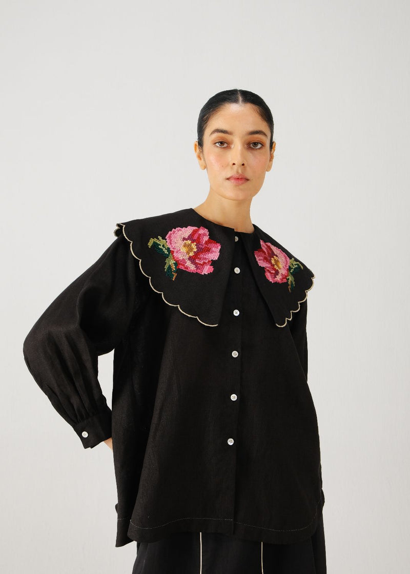 Julia top-Black rose emb. linen by CORD for women in Singapore