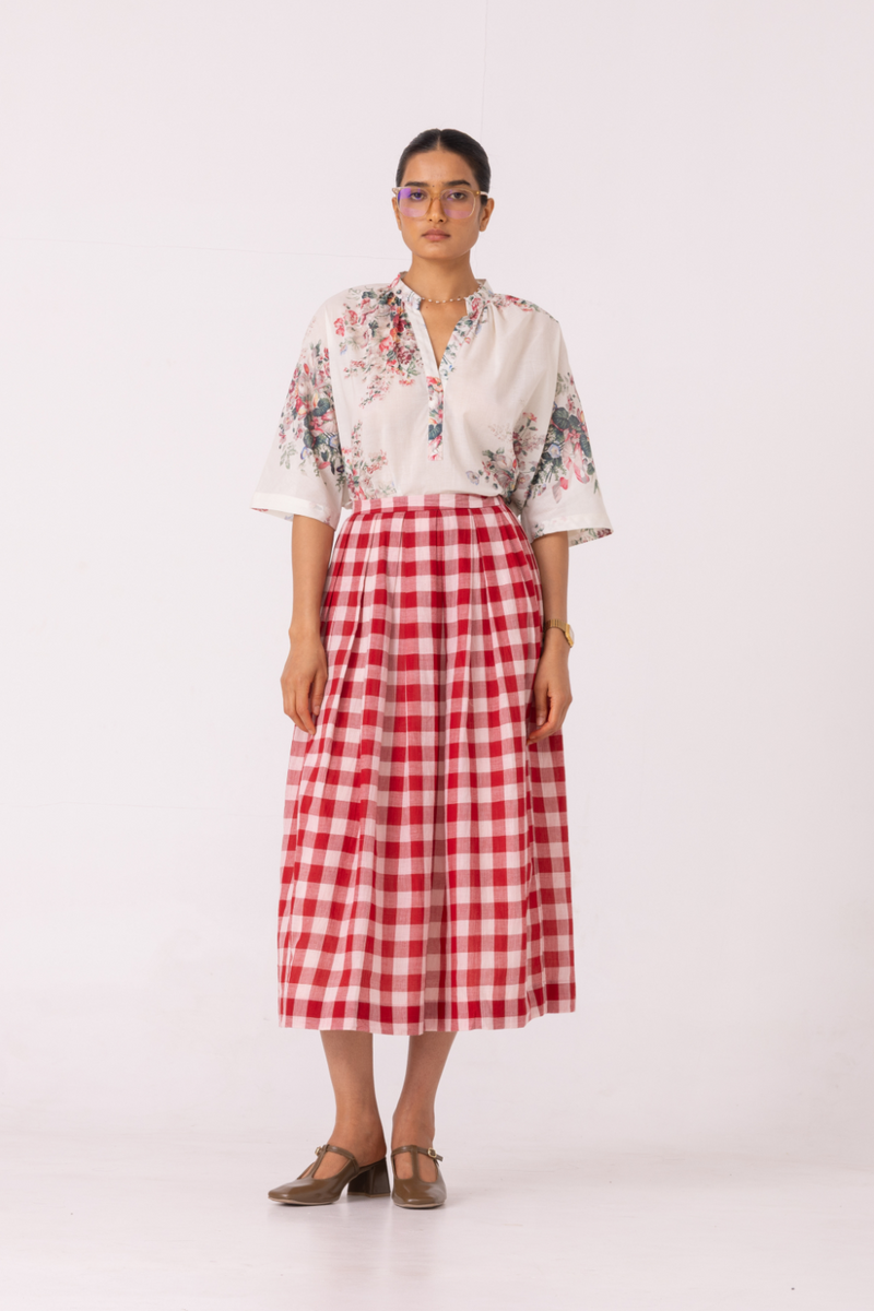 June Red Checkered Handwoven Skirt cotton by The Summer House for women in Singapore