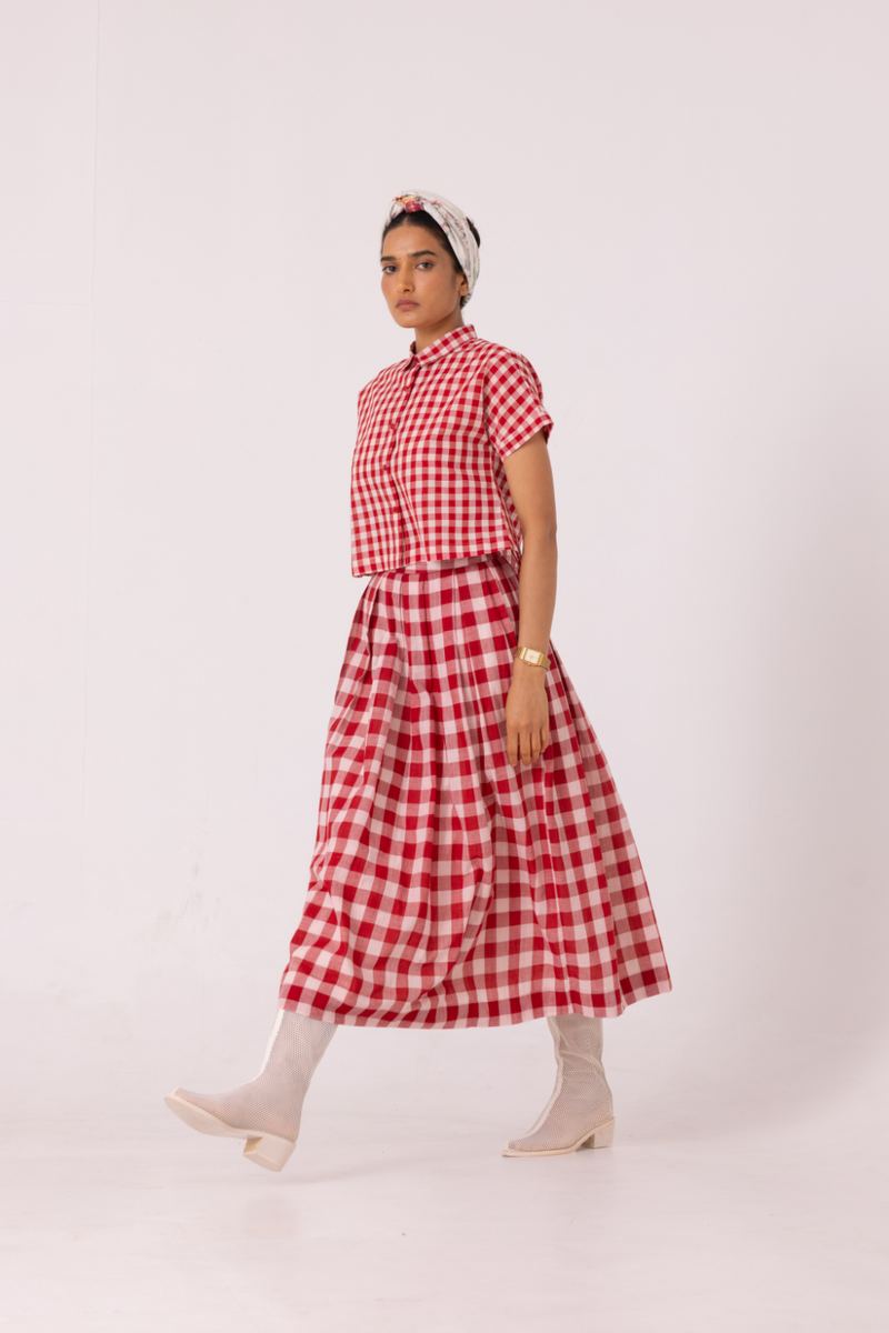June Red Checkered Handwoven Skirt cotton by The Summer House for women in Singapore