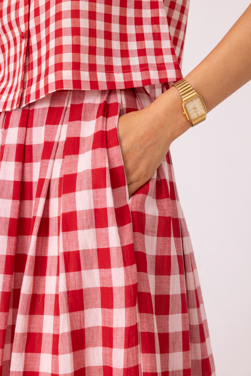 June Red Checkered Handwoven Skirt cotton by The Summer House for women in Singapore