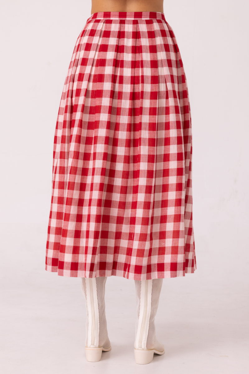 June Red Checkered Handwoven Skirt cotton by The Summer House for women in Singapore