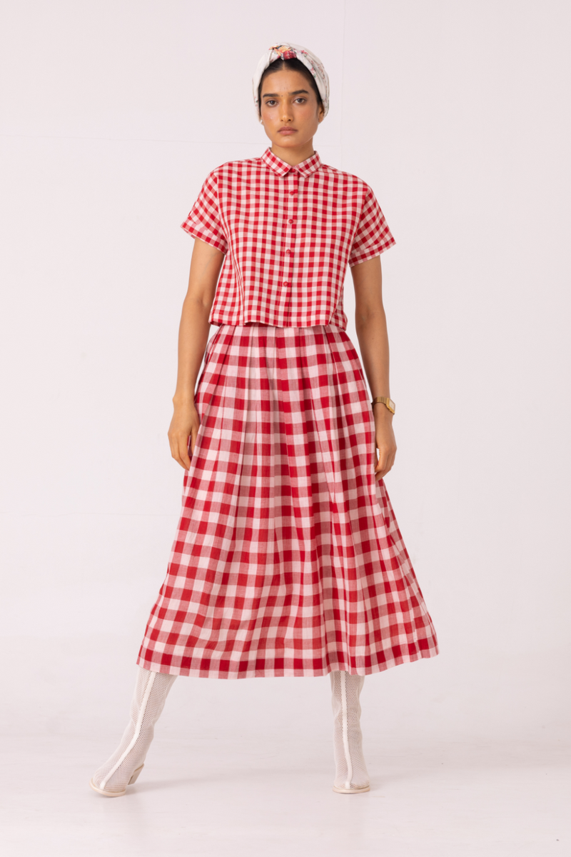 June Red Checkered Handwoven Skirt cotton by The Summer House for women in Singapore