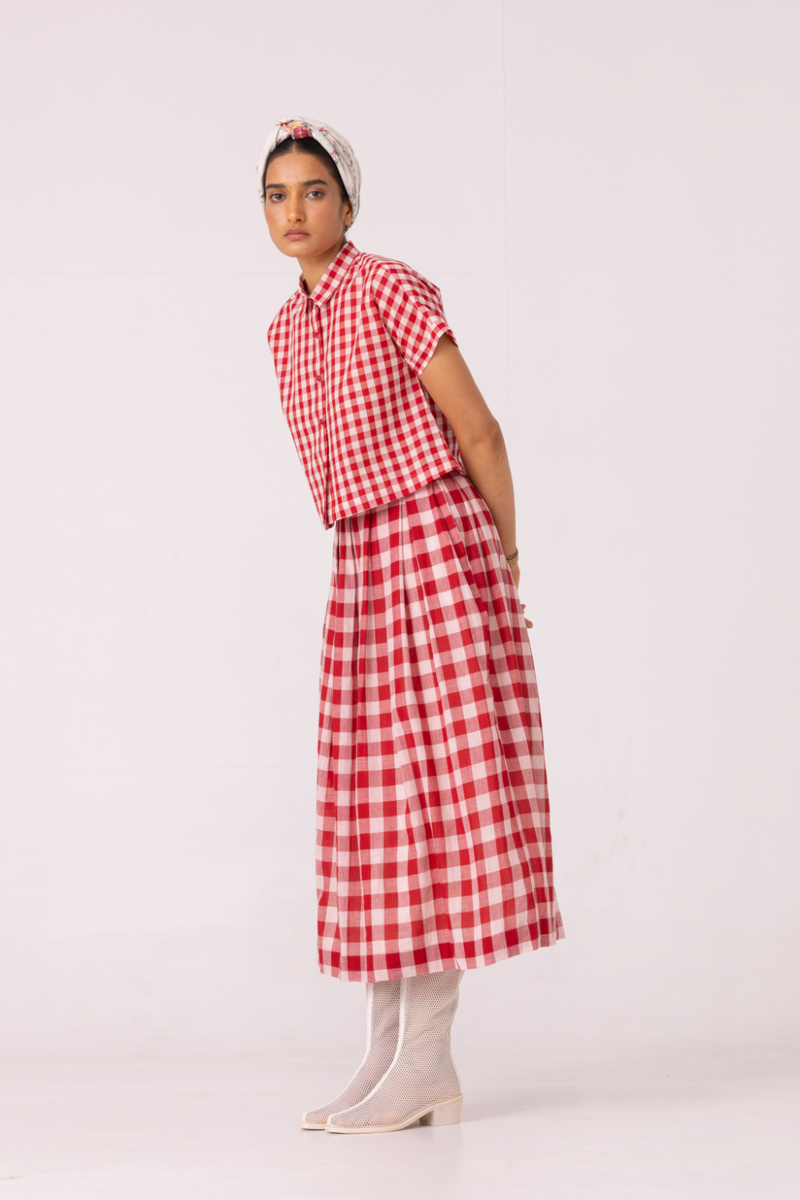 June Red Checkered Handwoven Skirt cotton by The Summer House for women in Singapore