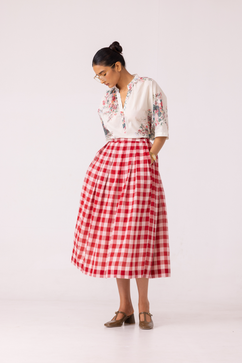 June Red Checkered Handwoven Skirt cotton by The Summer House for women in Singapore
