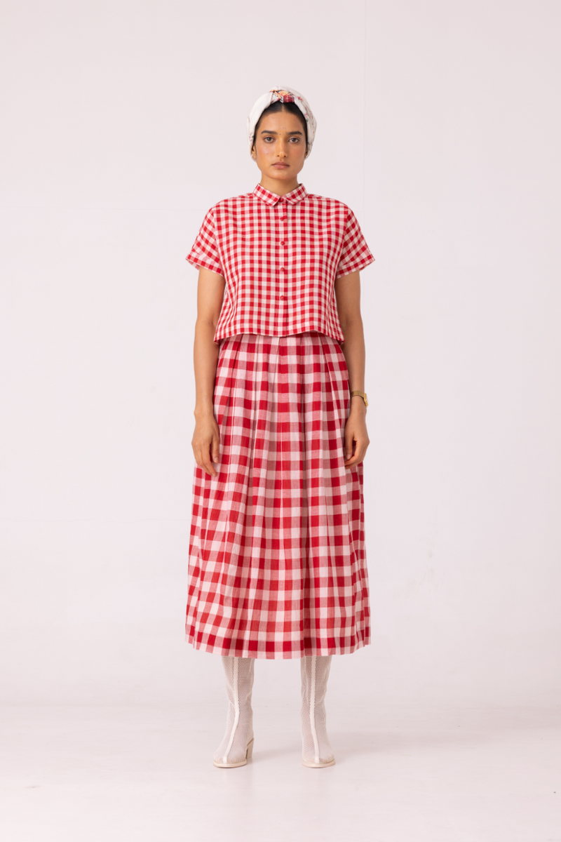 June Red Checkered Handwoven Skirt cotton by The Summer House for women in Singapore