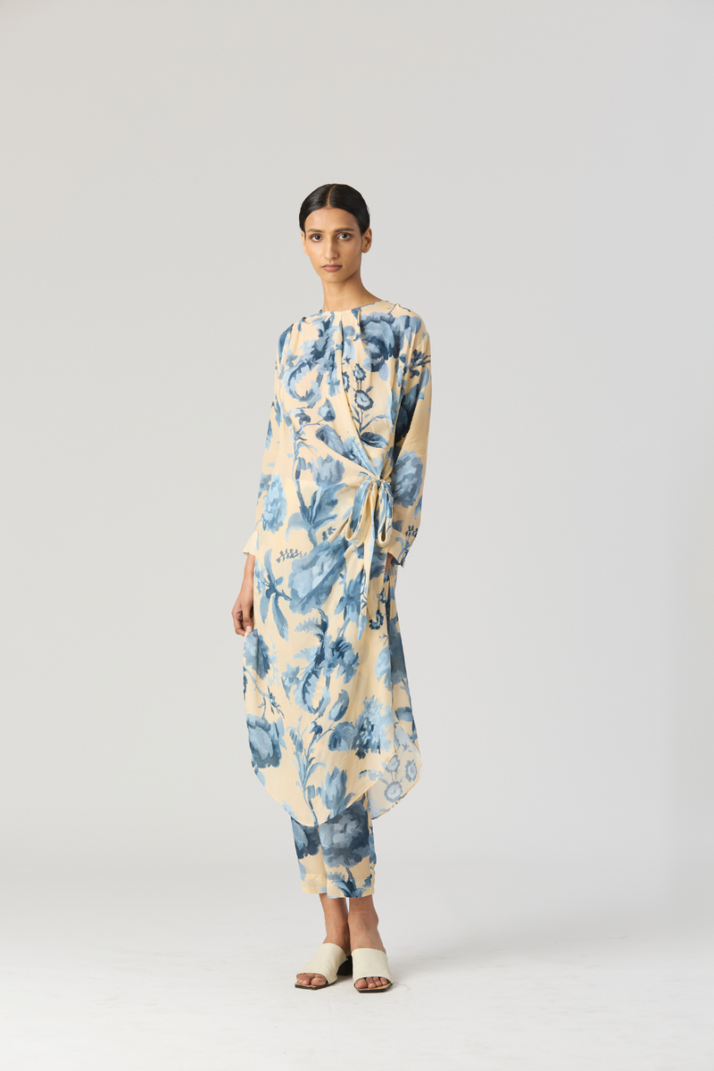 JUNO SIDE WRAP KURTA SET by Yam in blue color for women in Singapore