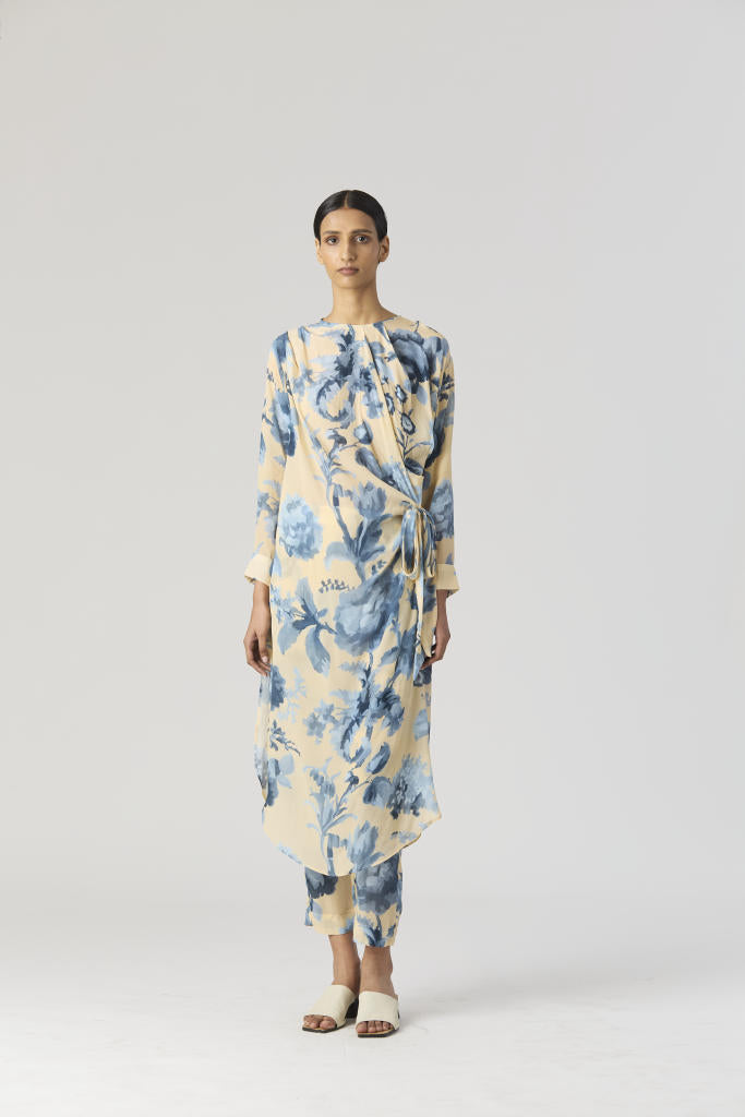 JUNO SIDE WRAP KURTA SET by Yam in blue color for women in Singapore