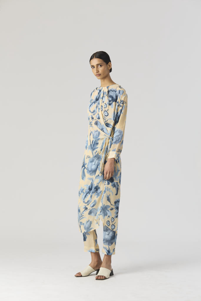 JUNO SIDE WRAP KURTA SET by Yam in blue color for women in Singapore