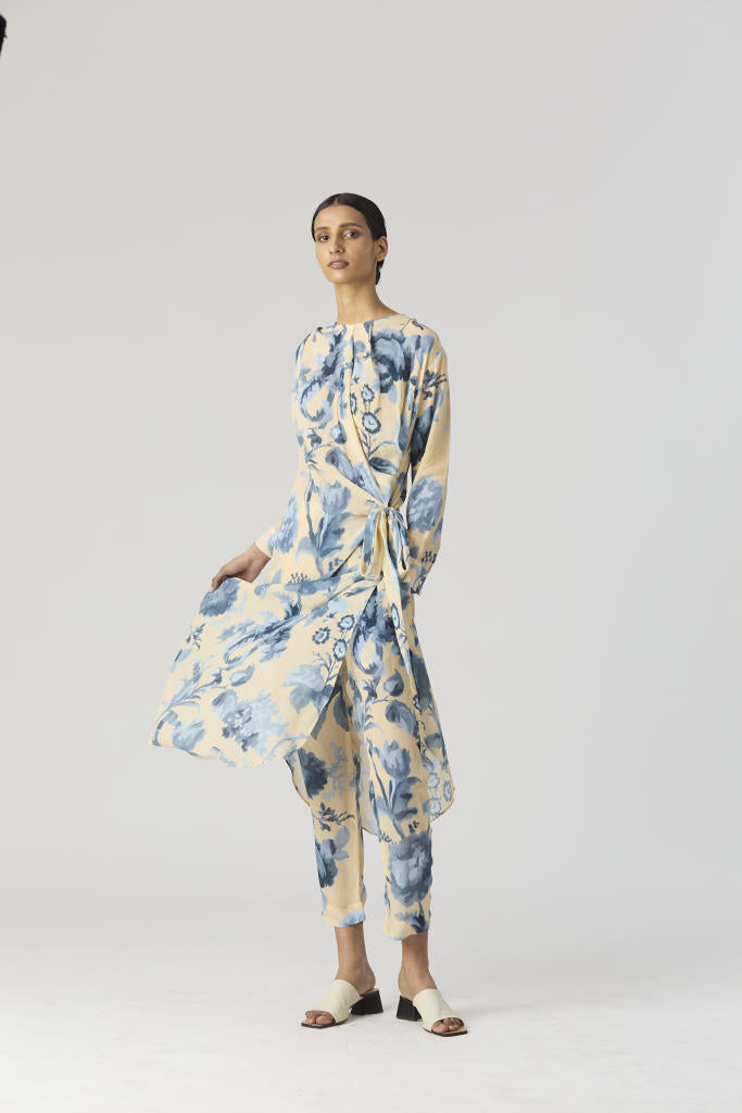 JUNO SIDE WRAP KURTA SET by Yam in blue color for women in Singapore