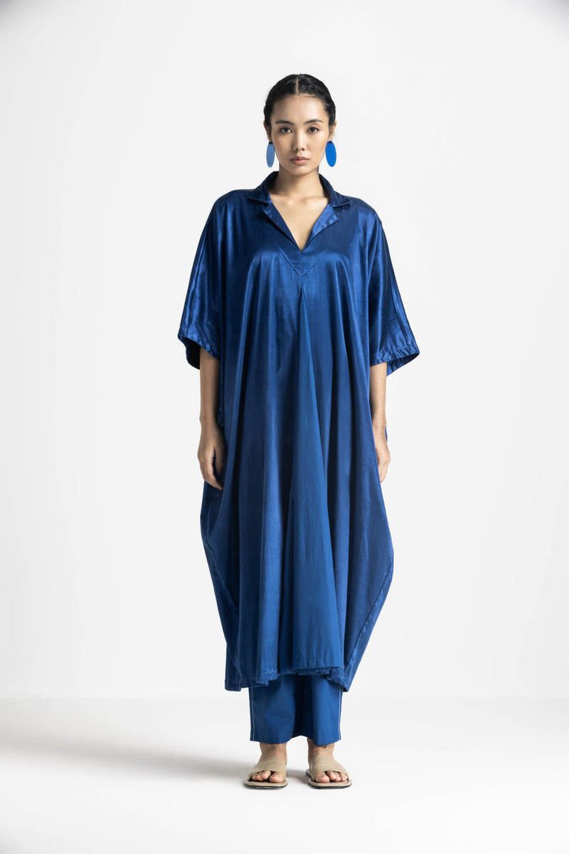 V NECK KAFTAN - BLUE satin by THREE in blue color for women in Singapore