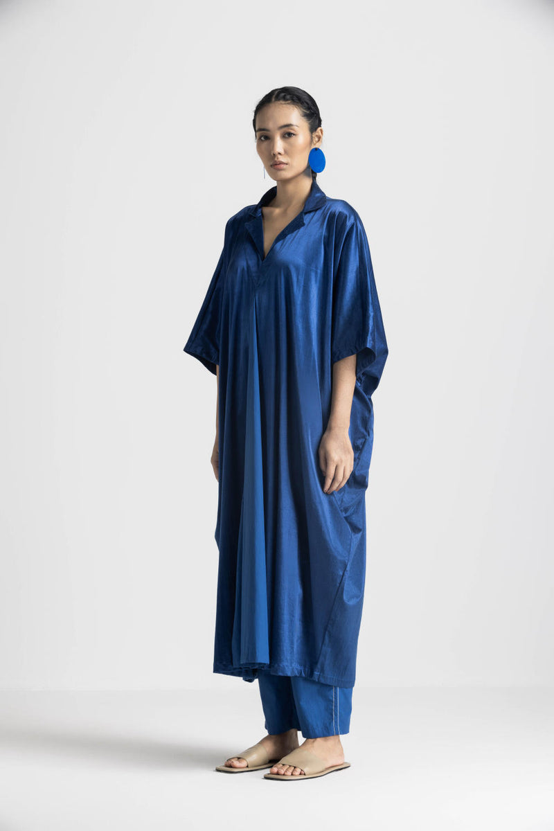 V NECK KAFTAN - BLUE satin by THREE in blue color for women in Singapore