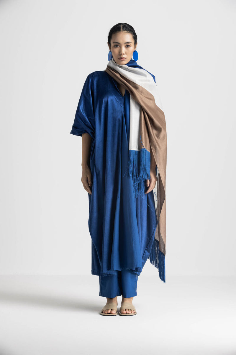 V NECK KAFTAN CO ORD (SET OF 3) - ELECTRIC BLUE satin by THREE in blue color for women in Singapore