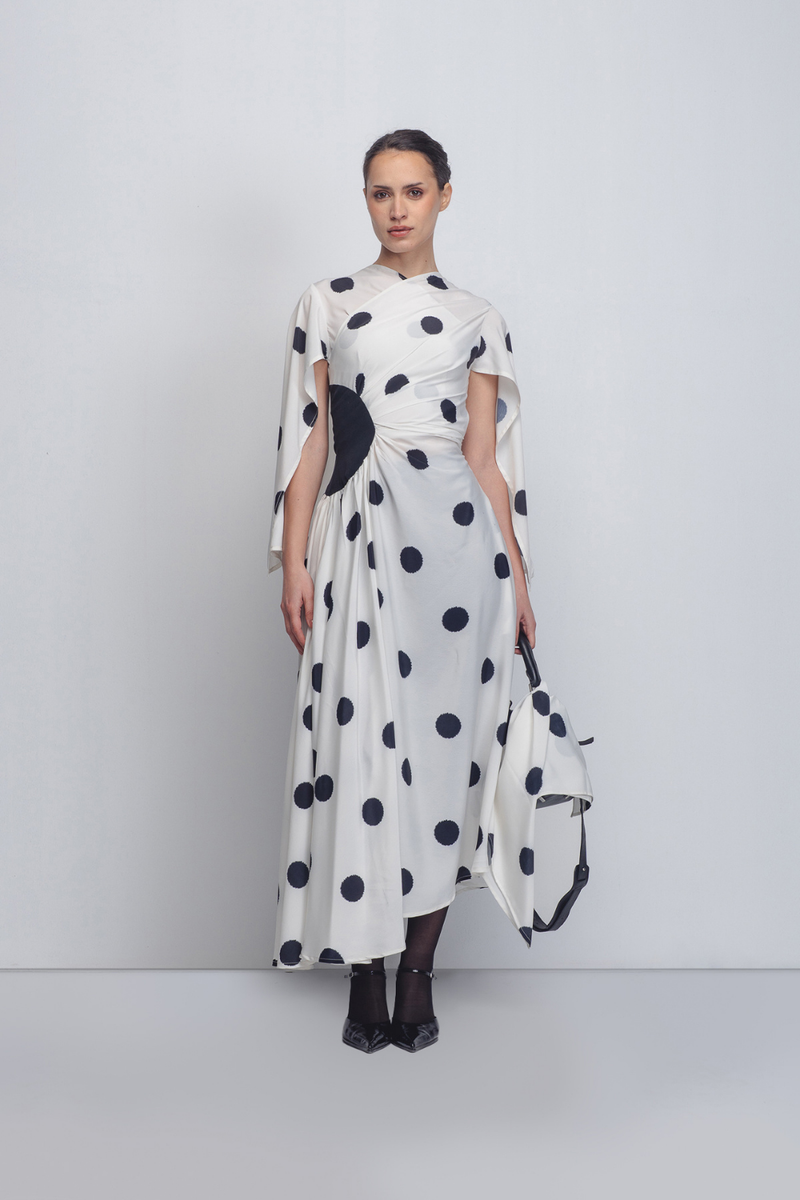 Kaia Draped Dress - White + Black Dots Buy Kaia Draped Dress - White + Black Dots from C&W | Dresses for Women by Leh Studios in black color for women in Singapore