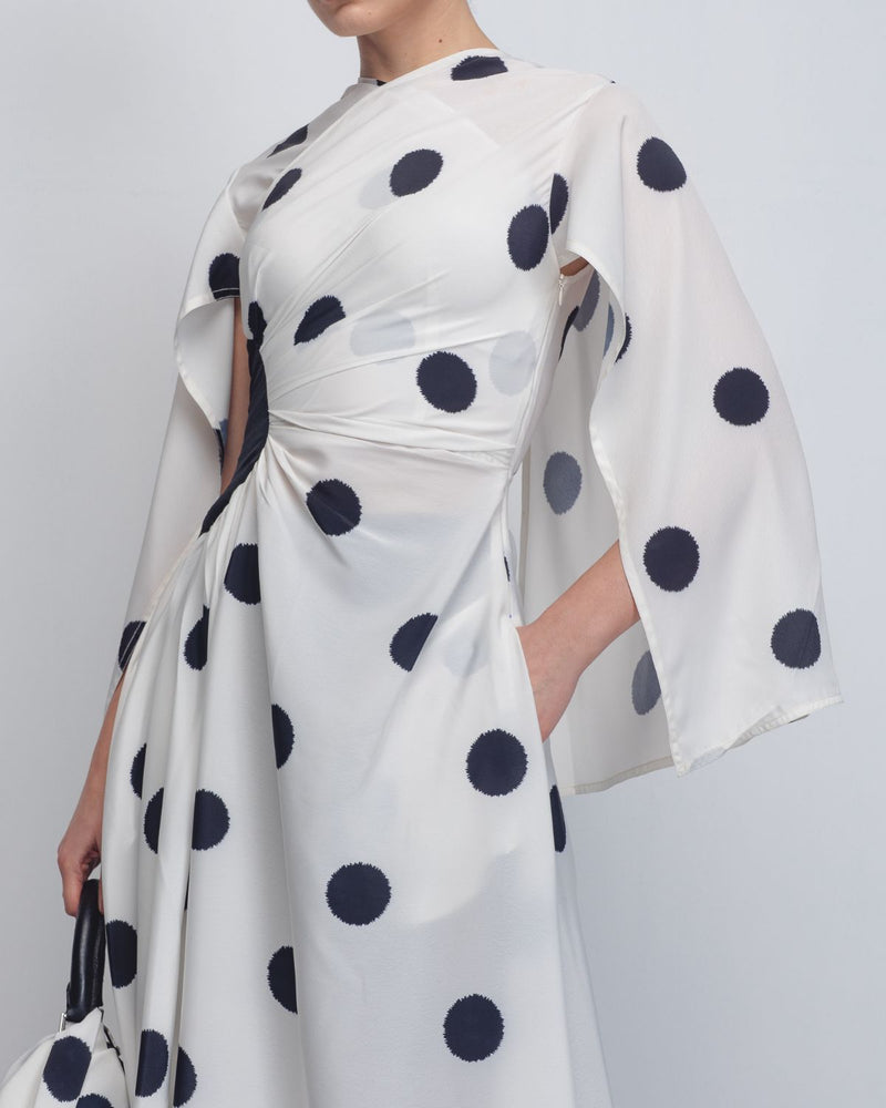 Kaia Draped Dress - White + Black Dots Buy Kaia Draped Dress - White + Black Dots from C&W | Dresses for Women by Leh Studios in black color for women in Singapore