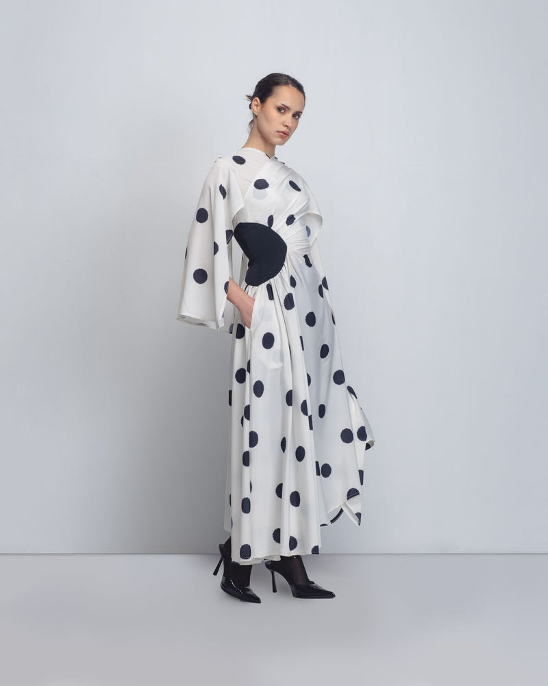 Kaia Draped Dress - White + Black Dots Buy Kaia Draped Dress - White + Black Dots from C&W | Dresses for Women by Leh Studios in black color for women in Singapore