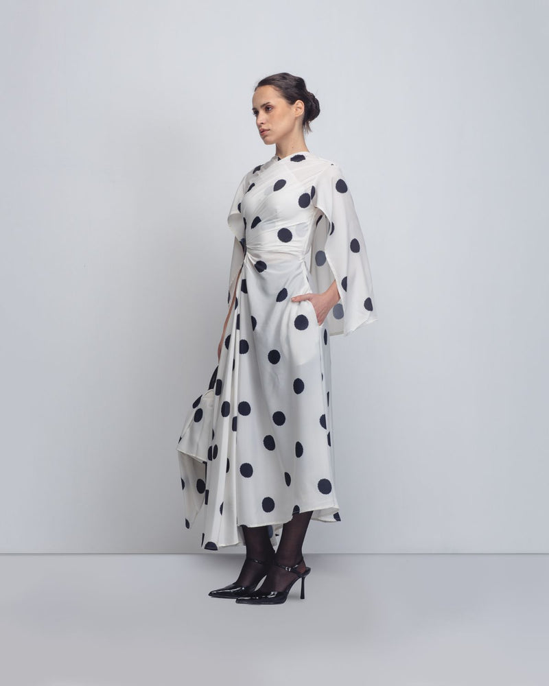 Kaia Draped Dress - White + Black Dots Buy Kaia Draped Dress - White + Black Dots from C&W | Dresses for Women by Leh Studios in black color for women in Singapore