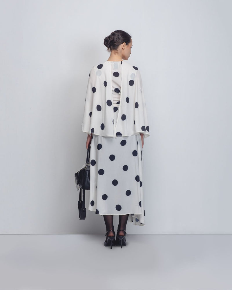 Kaia Draped Dress - White + Black Dots Buy Kaia Draped Dress - White + Black Dots from C&W | Dresses for Women by Leh Studios in black color for women in Singapore