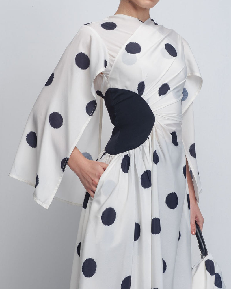 Kaia Draped Dress - White + Black Dots Buy Kaia Draped Dress - White + Black Dots from C&W | Dresses for Women by Leh Studios in black color for women in Singapore