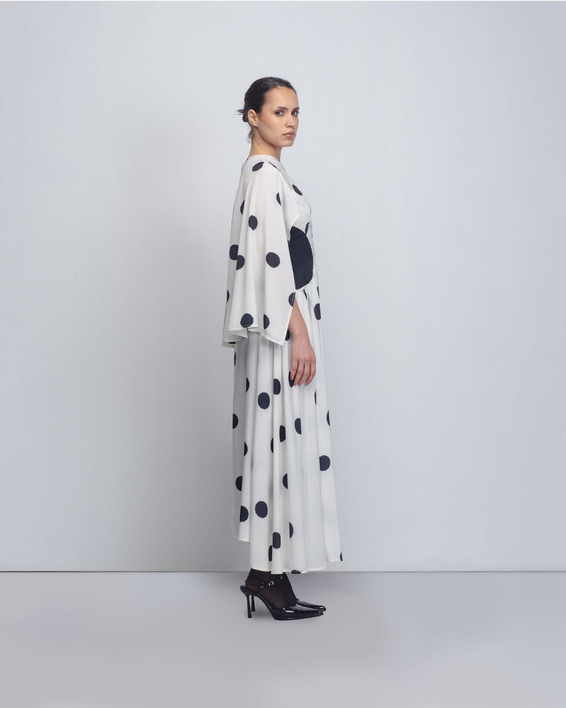 Kaia Draped Dress - White + Black Dots Buy Kaia Draped Dress - White + Black Dots from C&W | Dresses for Women by Leh Studios in black color for women in Singapore