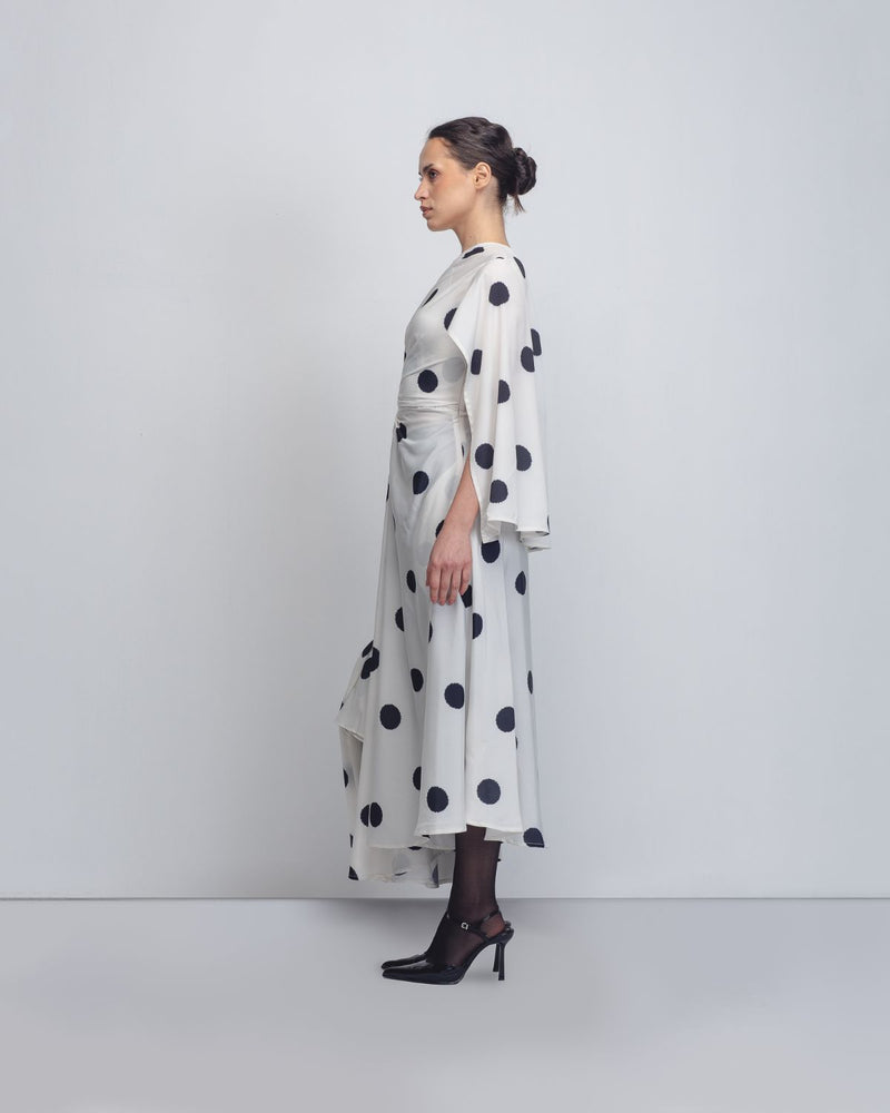 Kaia Draped Dress - White + Black Dots Buy Kaia Draped Dress - White + Black Dots from C&W | Dresses for Women by Leh Studios in black color for women in Singapore