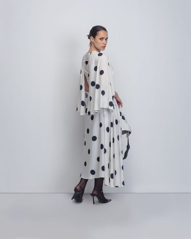 Kaia Draped Dress - White + Black Dots Buy Kaia Draped Dress - White + Black Dots from C&W | Dresses for Women by Leh Studios in black color for women in Singapore